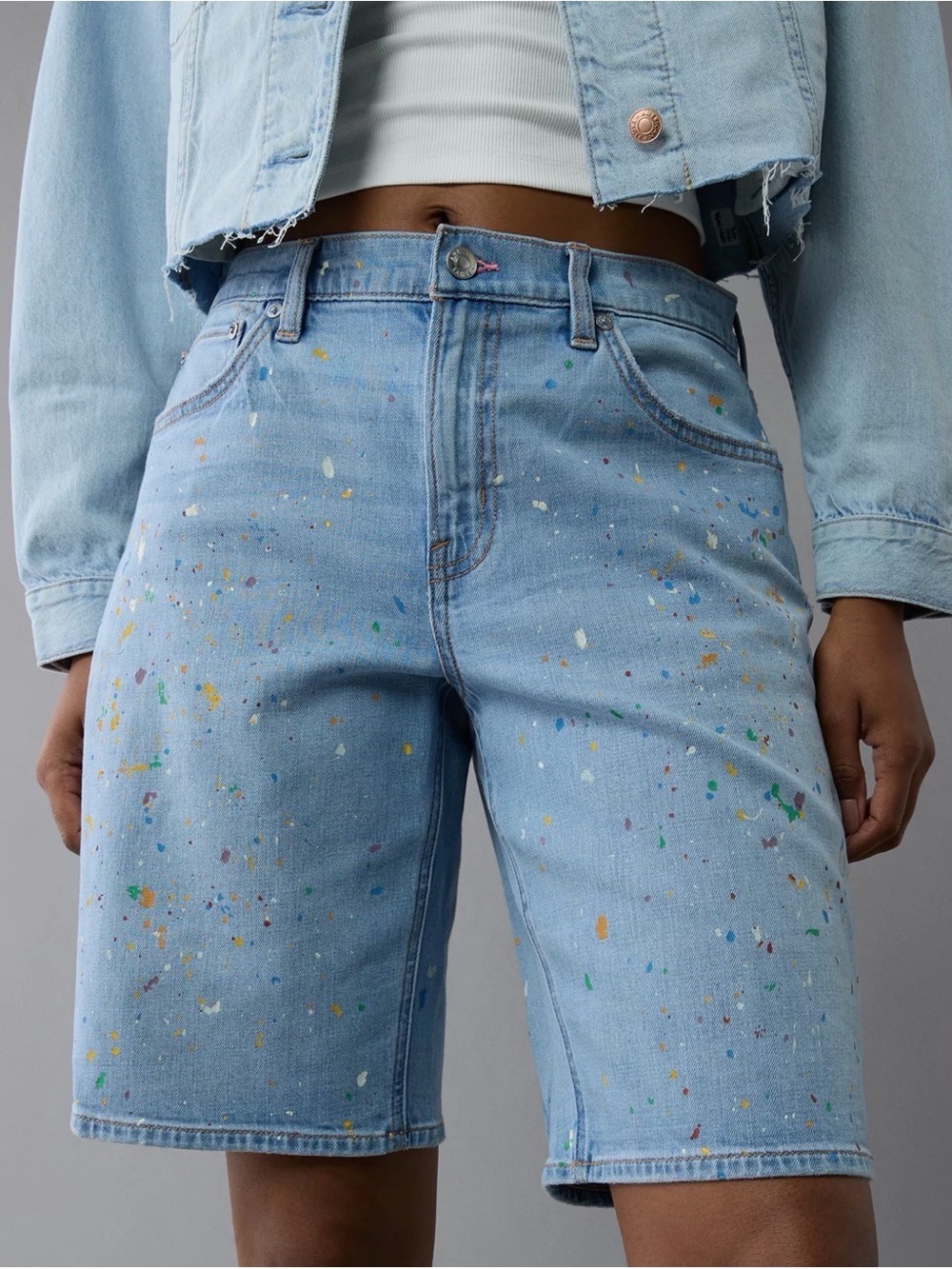 American Eagle Outfitters Light Blue Denim Shorts with Rainbow Embroidery - Picture 4 of 4